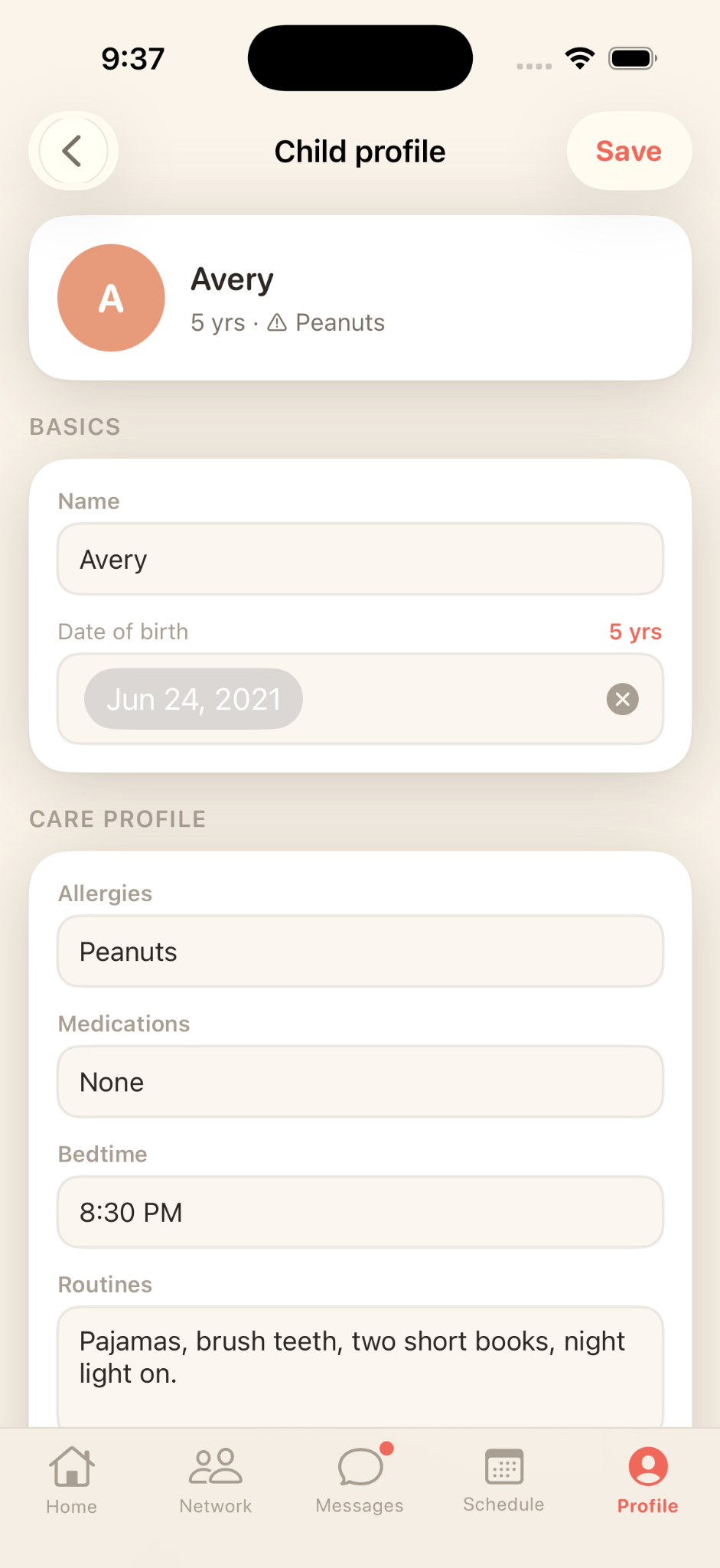 Stamped child profile screen showing allergies, medication, bedtime, and routines