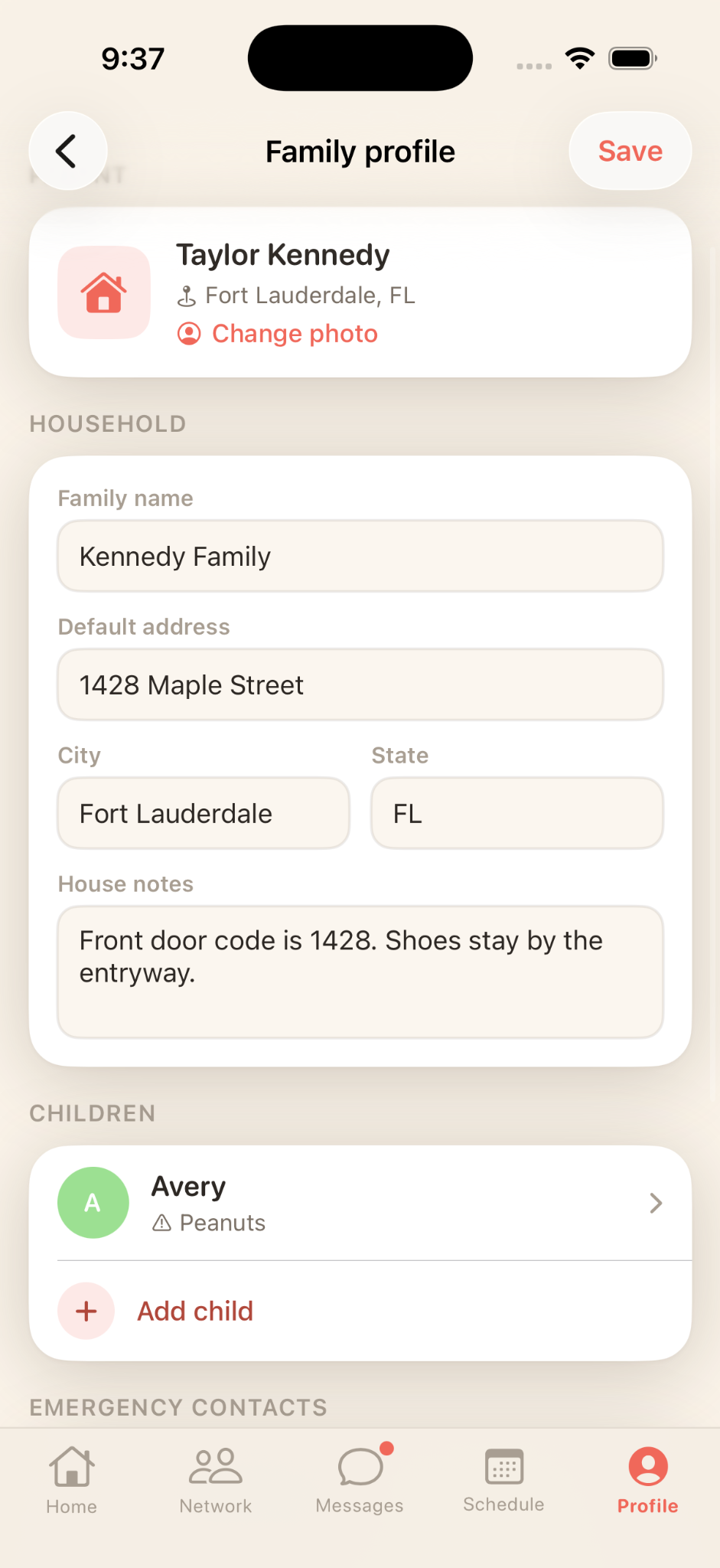 Family profile with house notes and child details