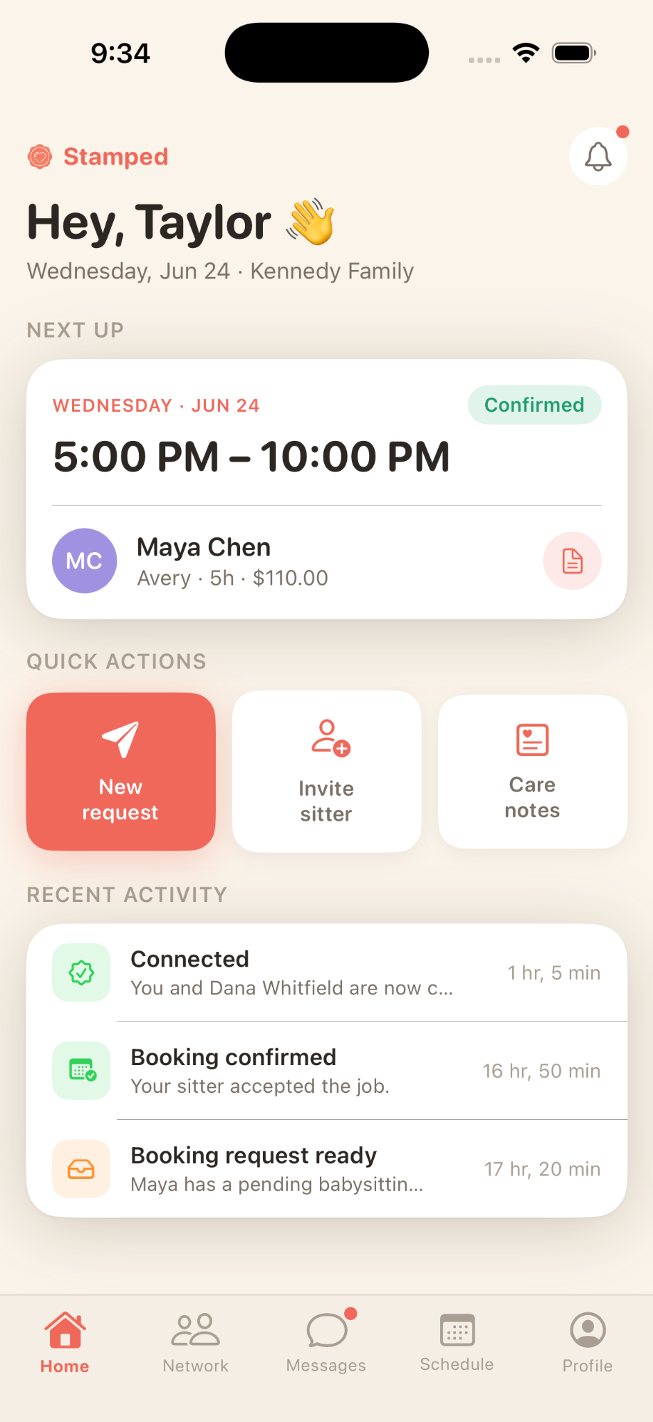 Stamped parent home screen showing an upcoming confirmed sitter booking