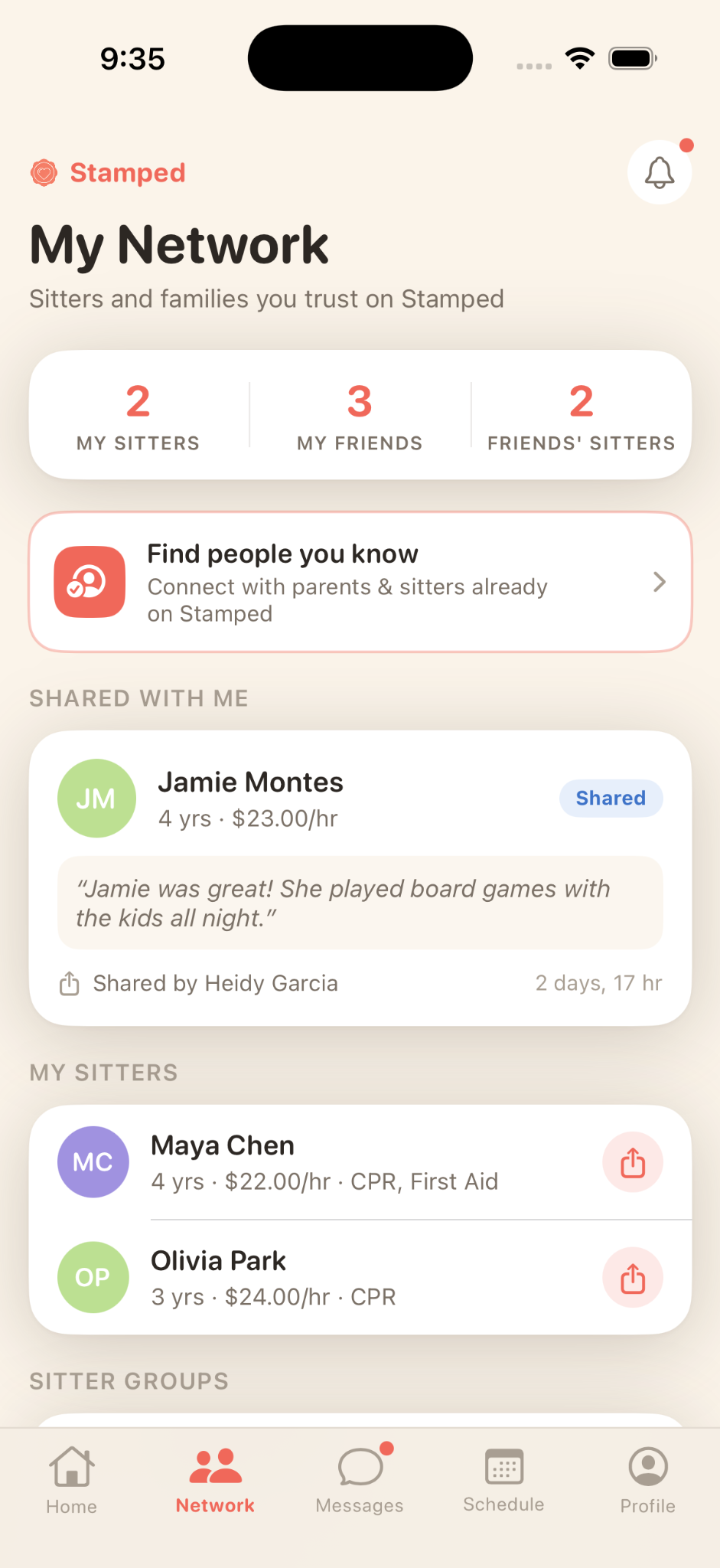 Parent network screen