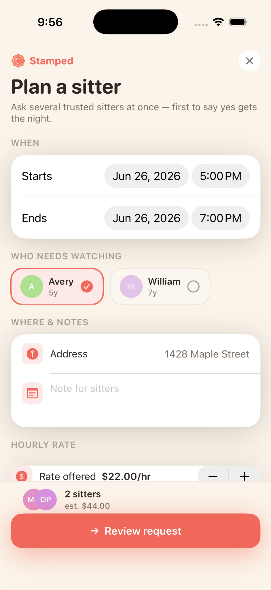 Plan a sitter request screen