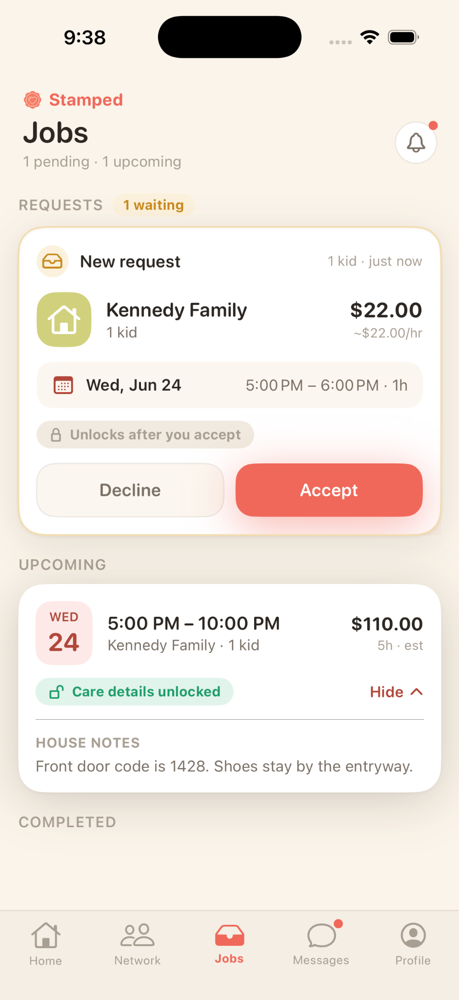 Sitter jobs page with accept and decline buttons